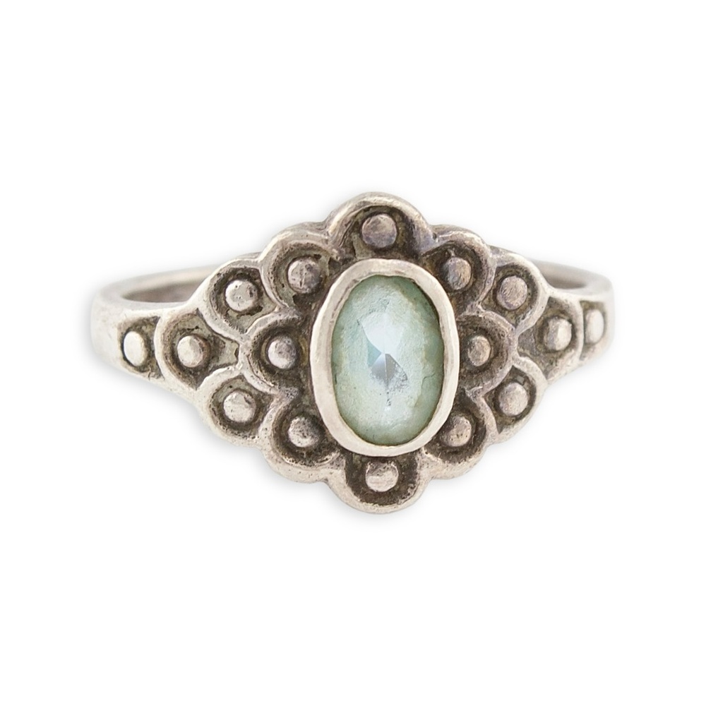 Vintage Sterling Silver Ring with Blue Glass Stone Size 5.5 Floral Setting